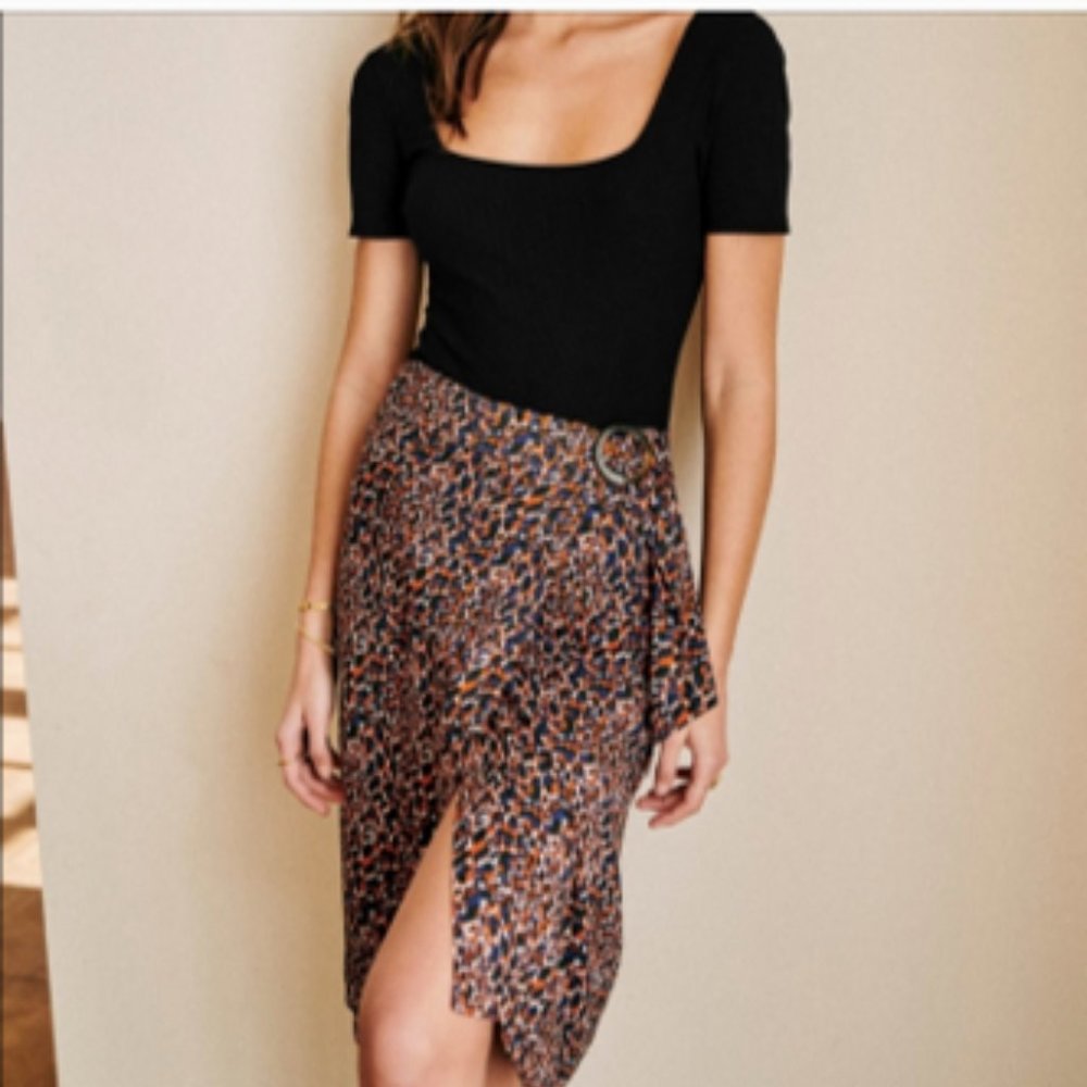 Sezane, Daisie Skirt, in Blue Camel Leopard Print